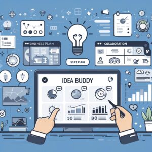 Ilustración de un entorno de trabajo digital con gráficos, diagramas y una pantalla principal mostrando 'IdeaBuddy'