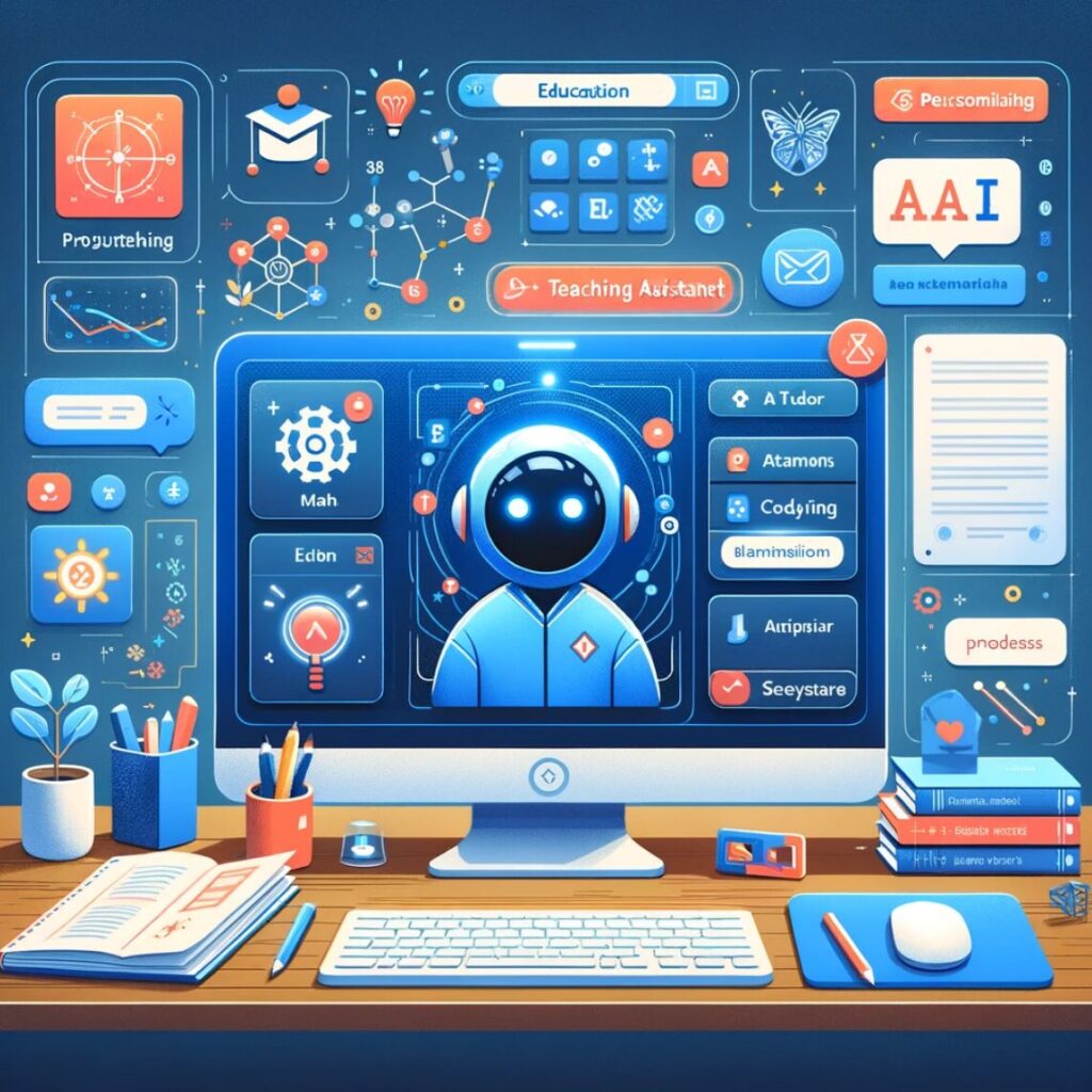 Ilustración de una herramienta educativa impulsada por IA mostrando un panel digital para un tutor virtual y asistente de enseñanza. El panel incluye contenido educativo como problemas matemáticos, ejercicios de programación y guías de redacción de ensayos. Destaca características como tutoría personalizada, planificación de lecciones y seguimiento del progreso, en un entorno de aprendizaje interactivo y de apoyo