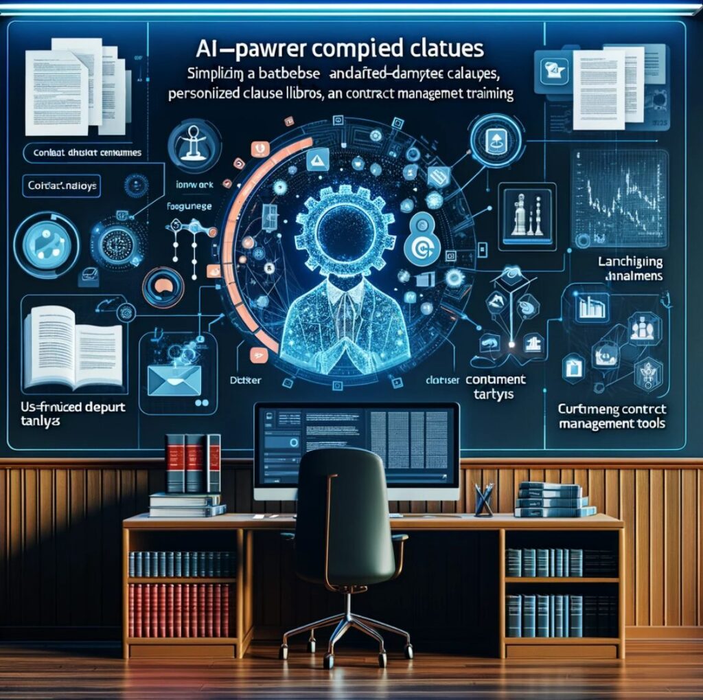 Ilustración de una herramienta legal impulsada por IA mostrando un panel digital para simplificar y analizar documentos legales complejos. El panel incluye características como una base de datos de cláusulas redactadas por abogados, bibliotecas personalizadas de cláusulas y formación en redacción de contratos. Destaca el análisis de documentos impulsado por IA y herramientas de gestión de contratos amigables para el usuario, transmitiendo un entorno legal profesional y eficiente