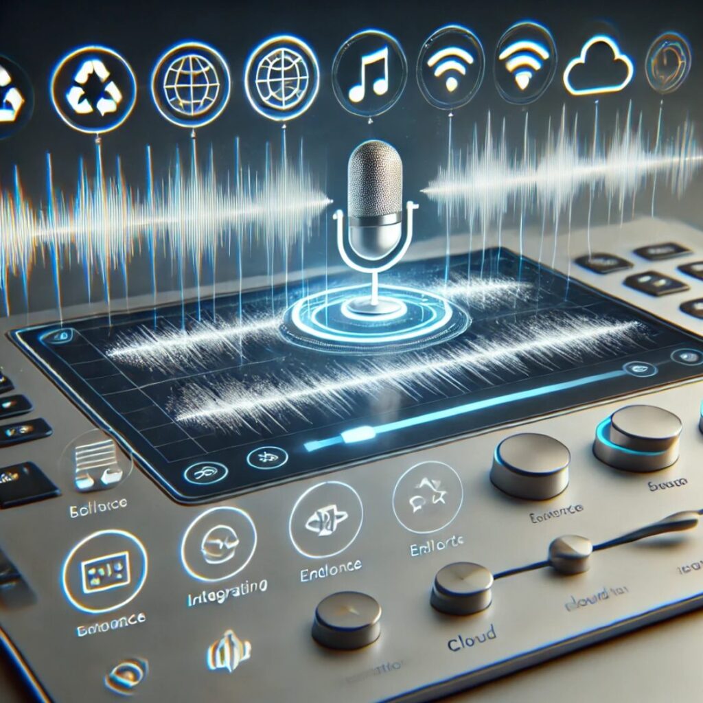 Interfaz mostrando la transcripción de audio a texto en tiempo real, con formas de onda de audio y opciones para editar y exportar texto en varios formatos. Incluye iconos de diferentes idiomas e integración en la nube