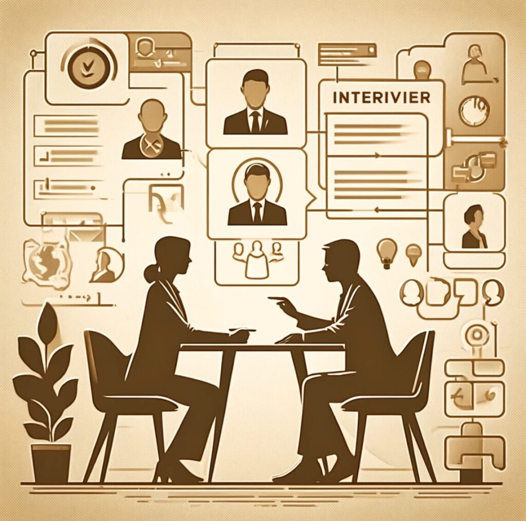 Imagen representando un proceso de entrevista en tonos beige. La imagen muestra un entorno profesional con dos personas participando en una entrevista, interfaces digitales que exhiben preguntas, perfiles de candidatos y evaluaciones de habilidades. El diseño es moderno y profesional, enfocándose en la comunicación y evaluación en un entorno empresarial