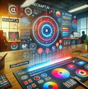 Representación visual de Recraft.ai, una herramienta de diseño asistida por IA, con una interfaz moderna y limpia que ofrece opciones para crear logotipos, vectores y maquetas, resaltando la colaboración en equipo