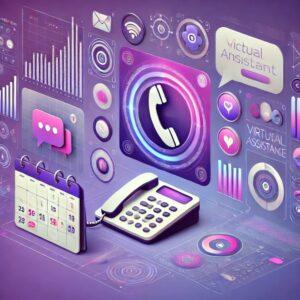 Interfaz de asistente virtual de Rosie en tonos violetas con elementos de teléfono, calendario y burbujas de chat