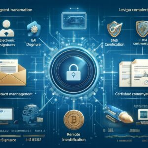 Ilustración de una herramienta de transacciones digitales impulsada por IA mostrando un panel digital para firmas electrónicas, gestión de documentos y comunicaciones certificadas. El panel incluye características como certificación de correos electrónicos y SMS, gestión de certificados e identificación remota por video. Destaca las características de seguridad, cumplimiento legal y capacidades de integración, transmitiendo un entorno profesional y seguro para transacciones digitales