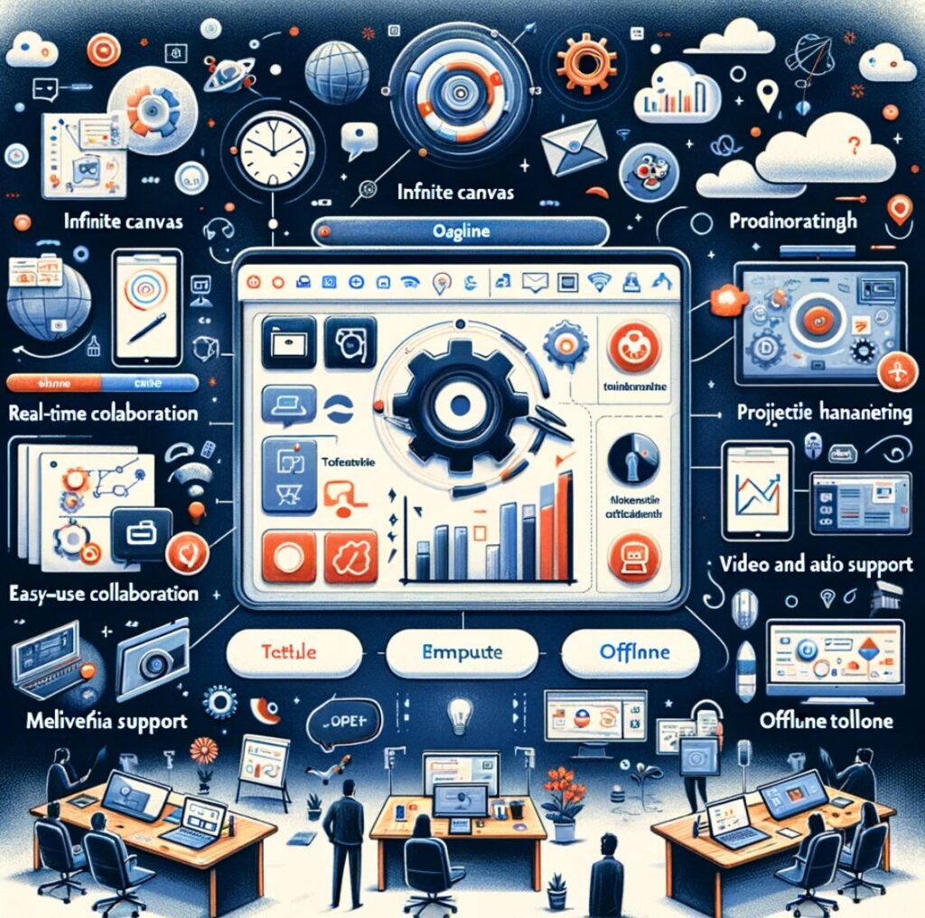 Ilustración de una herramienta de pizarra digital en línea para profesionales mostrando un panel digital para colaboración, gestión de proyectos, brainstorming y presentaciones. El panel incluye características como lienzo infinito, colaboración en tiempo real, plantillas y herramientas multimedia. Destaca la interfaz fácil de usar, soporte de video y audio, y funcionalidad offline, transmitiendo un entorno de trabajo productivo e innovador