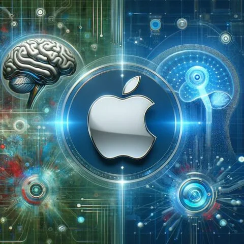 Logo de Apple con un fondo relacionado con inteligencia artificial, mostrando elementos como redes neuronales, cerebros digitales y gráficos futuristas para un artículo sobre WWDC 2024