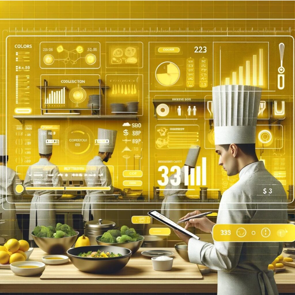 Chef en una cocina moderna utilizando una tablet para gestionar los costos de las recetas, rodeado de ingredientes frescos y pantallas digitales mostrando cálculos detallados. La escena destaca elementos de marca en color amarillo, simbolizando eficiencia y tecnología en un entorno profesional de cocina