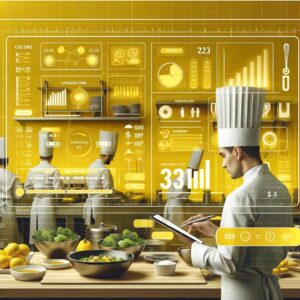 Chef en una cocina moderna utilizando una tablet para gestionar los costos de las recetas, rodeado de ingredientes frescos y pantallas digitales mostrando cálculos detallados. La escena destaca elementos de marca en color amarillo, simbolizando eficiencia y tecnología en un entorno profesional de cocina