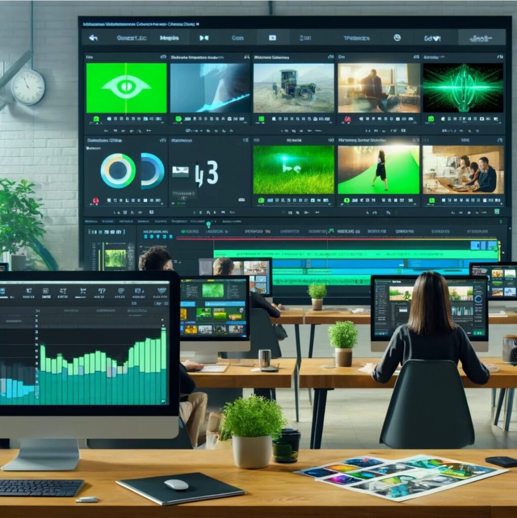 Un grupo de personas trabajando en un estudio de edición de vídeo moderno utilizando Wondershare Filmora. Varias pantallas muestran herramientas de edición y efectos visuales, incluyendo seguimiento de movimiento y edición con pantalla verde. El entorno es luminoso y organizado, destacando la eficiencia y la tecnología avanzada del software
