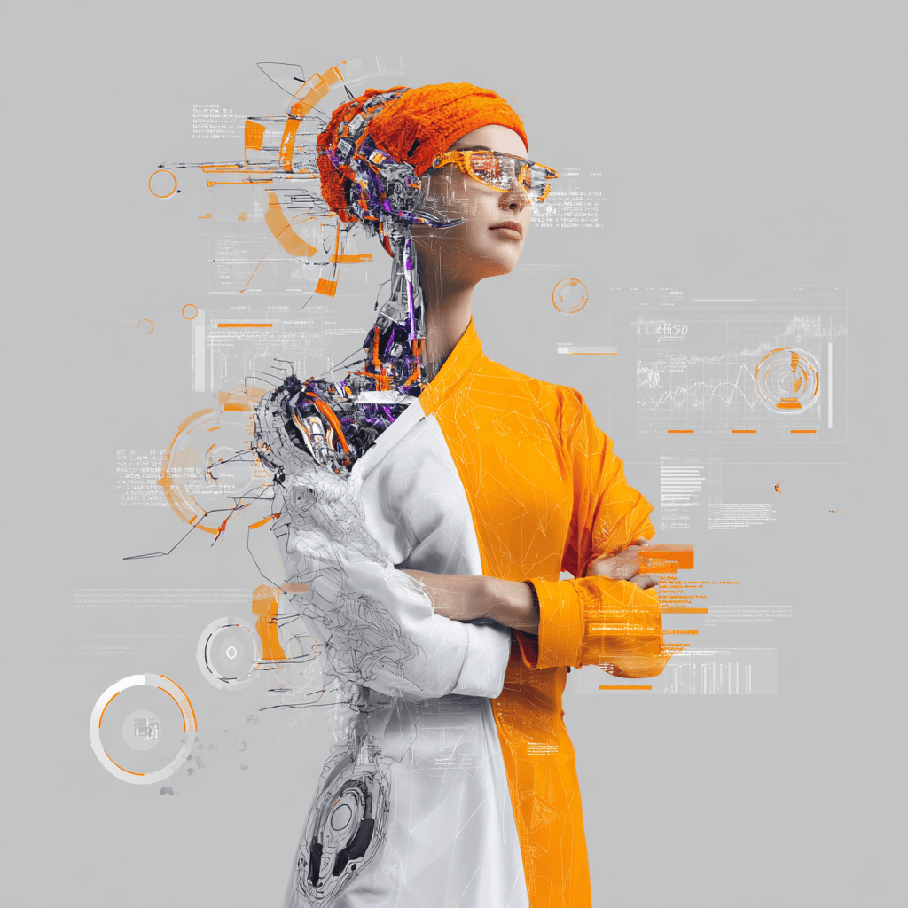 Mujer cyborg futurista con vestimenta bicolor (naranja y blanca), parcialmente transformada en máquina, con gafas de realidad aumentada y rodeada de elementos digitales y gráficos tecnológicos en un fondo gris claro
