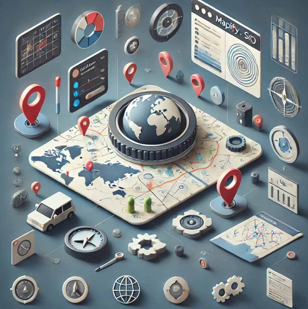 Interfaz mostrando la creación de mapas personalizables y visualizaciones geográficas interactivas, con herramientas para añadir capas de datos, personalizar estilos de mapa y opciones de exportación. Incluye elementos de análisis geoespacial