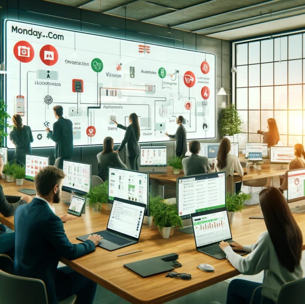 Equipo colaborando en un entorno moderno utilizando la plataforma Monday.com. Varias pantallas muestran tableros visuales con tareas, proyectos y automatizaciones en proceso. El ambiente destaca la eficiencia y la tecnología avanzada en la gestión de proyectos y la colaboración en equipo, con colores predominantes rojo y verde.