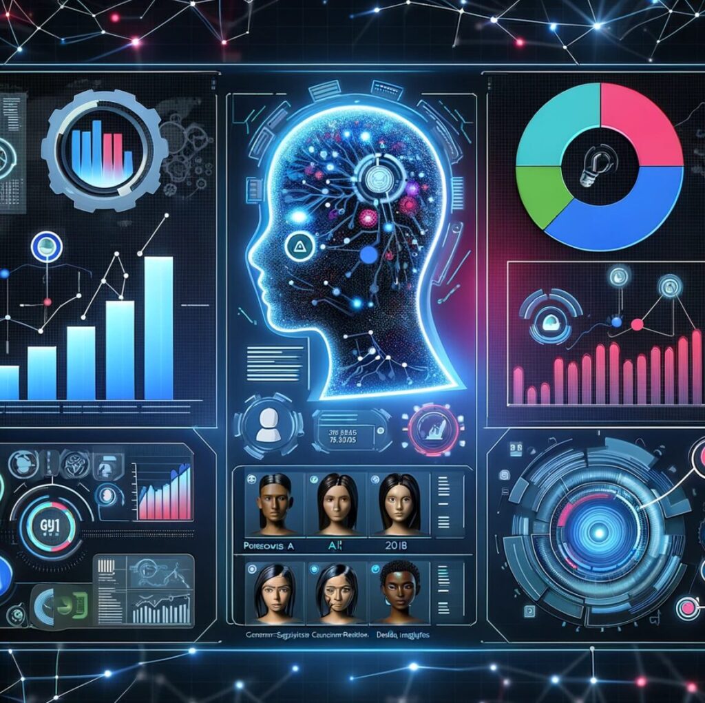 Ilustración de una herramienta de investigación de mercado impulsada por IA mostrando personas sintéticas y segmentos de mercado analizados en un panel digital. El panel incluye gráficos, puntos de datos e información de clientes, con representaciones abstractas de datos fluyendo y conectándose, destacando las capacidades de IA y procesamiento de datos