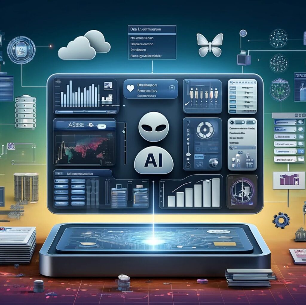 Ilustración de una herramienta de gestión de datos impulsada por IA mostrando un panel digital para la administración de bases de datos, visualización y análisis de datos. El panel incluye funciones como edición de datos, consultas y visualización con gráficos. Destaca la integración de IA, características de seguridad y conectividad a múltiples bases de datos, transmitiendo un entorno de gestión de datos eficiente y colaborativo