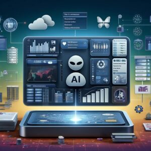 Ilustración de una herramienta de gestión de datos impulsada por IA mostrando un panel digital para la administración de bases de datos, visualización y análisis de datos. El panel incluye funciones como edición de datos, consultas y visualización con gráficos. Destaca la integración de IA, características de seguridad y conectividad a múltiples bases de datos, transmitiendo un entorno de gestión de datos eficiente y colaborativo