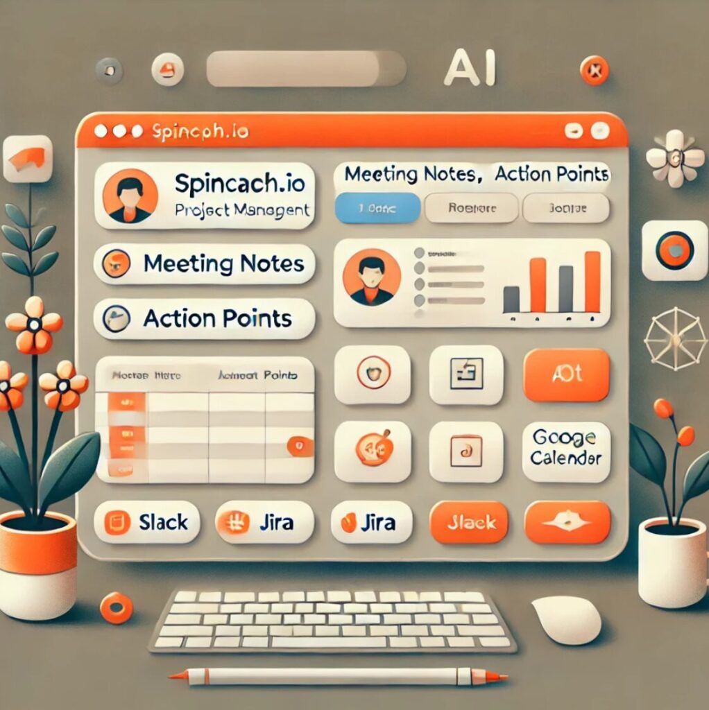 Una ilustración de Spinach.io, una herramienta de gestión de proyectos basada en IA, que muestra un panel con notas de reuniones, puntos de acción y características de creación de tickets. La interfaz usa una paleta de colores predominantemente naranja con acentos en blanco y gris claro, e íconos para integraciones con plataformas como Slack, Jira y Google Calendar. El diseño es limpio y profesional