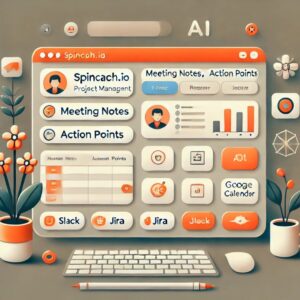 Una ilustración de Spinach.io, una herramienta de gestión de proyectos basada en IA, que muestra un panel con notas de reuniones, puntos de acción y características de creación de tickets. La interfaz usa una paleta de colores predominantemente naranja con acentos en blanco y gris claro, e íconos para integraciones con plataformas como Slack, Jira y Google Calendar. El diseño es limpio y profesional