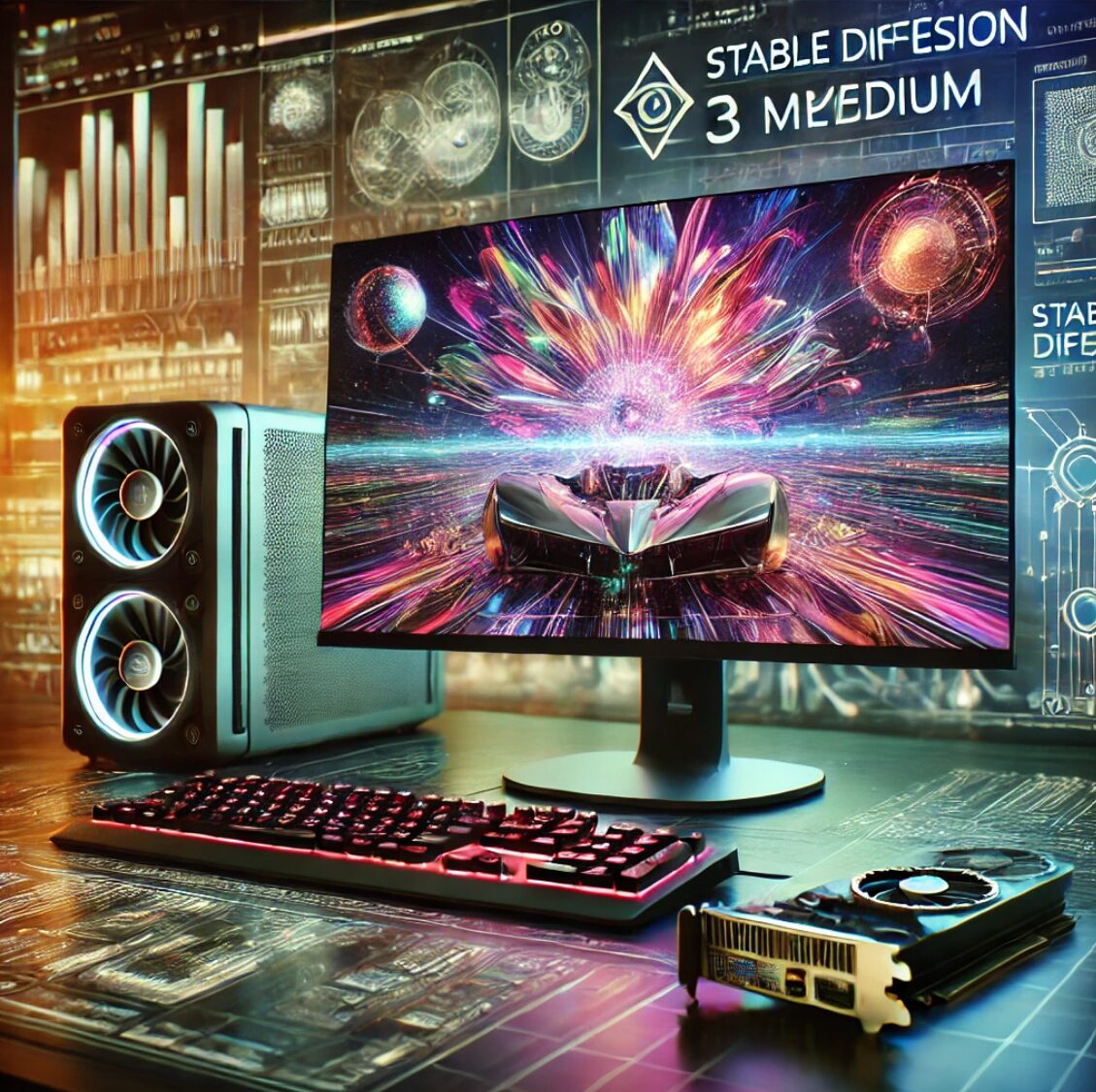 Escena futurista de alta tecnología mostrando Stable Diffusion 3 Medium, el modelo de IA más avanzado para la generación de imágenes. La imagen presenta una configuración de computadora elegante con múltiples monitores que muestran imágenes fotorrealistas creadas por la IA, rodeada de elementos tecnológicos como GPUs y diagramas de redes neuronales. En el fondo, un paisaje digital vibrante que combina arte y tecnología, destacando las capacidades avanzadas de Stable Diffusion 3 Medium