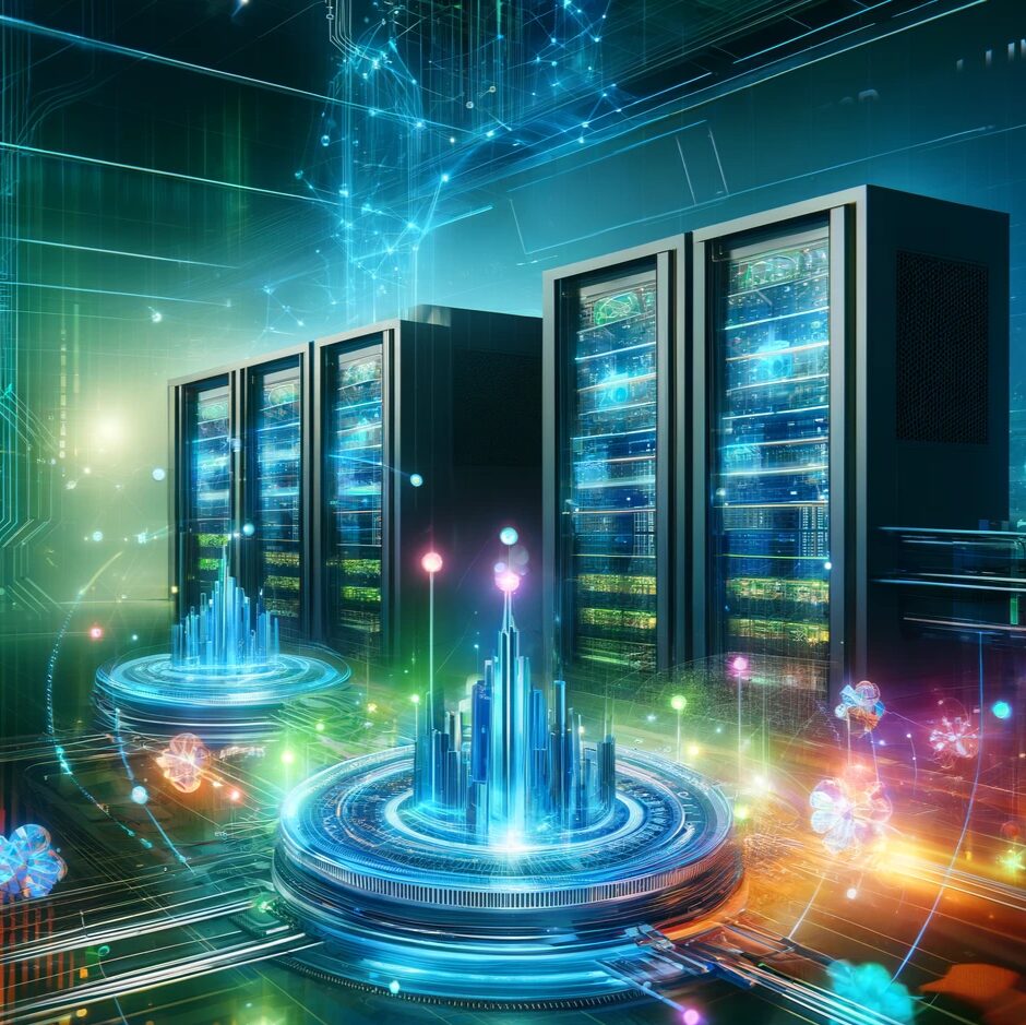Ultra accelerator link quiere crear conectividad de alta velocidad para IA 1 Centro de datos futurista con servidores avanzados y representación digital de datos