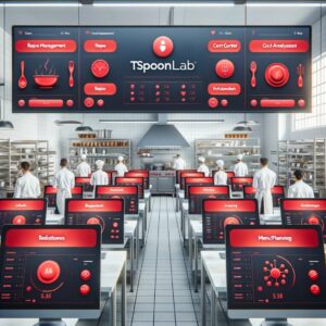 Equipo utilizando el software tSpoonLab en una cocina profesional. La imagen muestra múltiples pantallas con gráficos y datos de gestión de recetas, inventarios y análisis de costos con temática roja, destacando la eficiencia y la organización en un entorno moderno