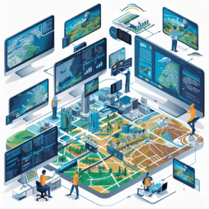 onfiguración moderna de computadora con múltiples monitores que exhiben varios mapas geoespaciales, visualizaciones de datos y análisis en tiempo real. Usuarios diversos, como planificadores urbanos, científicos ambientales y analistas de datos, interactúan con el software. Se destacan características como análisis predictivo impulsado por IA