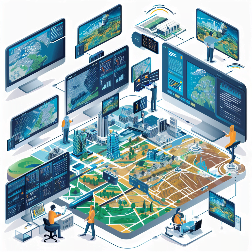 onfiguración moderna de computadora con múltiples monitores que exhiben varios mapas geoespaciales, visualizaciones de datos y análisis en tiempo real. Usuarios diversos, como planificadores urbanos, científicos ambientales y analistas de datos, interactúan con el software. Se destacan características como análisis predictivo impulsado por IA
