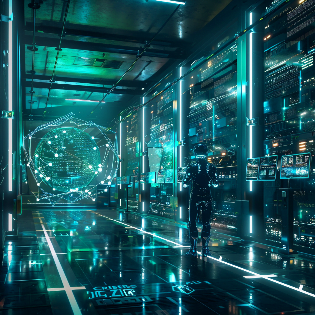 Un futurista centro de datos ultra-moderno iluminado con luces azules y verdes brillantes. La imagen destaca un chip avanzado con interfaces holográficas y brazos robóticos gestionando el hardware. Representación visual del flujo de datos e interconectividad, enfatizando la velocidad y eficiencia. La atmósfera es elegante, limpia y de última tecnología, reflejando la innovación e impacto en la industria de la inteligencia artificial