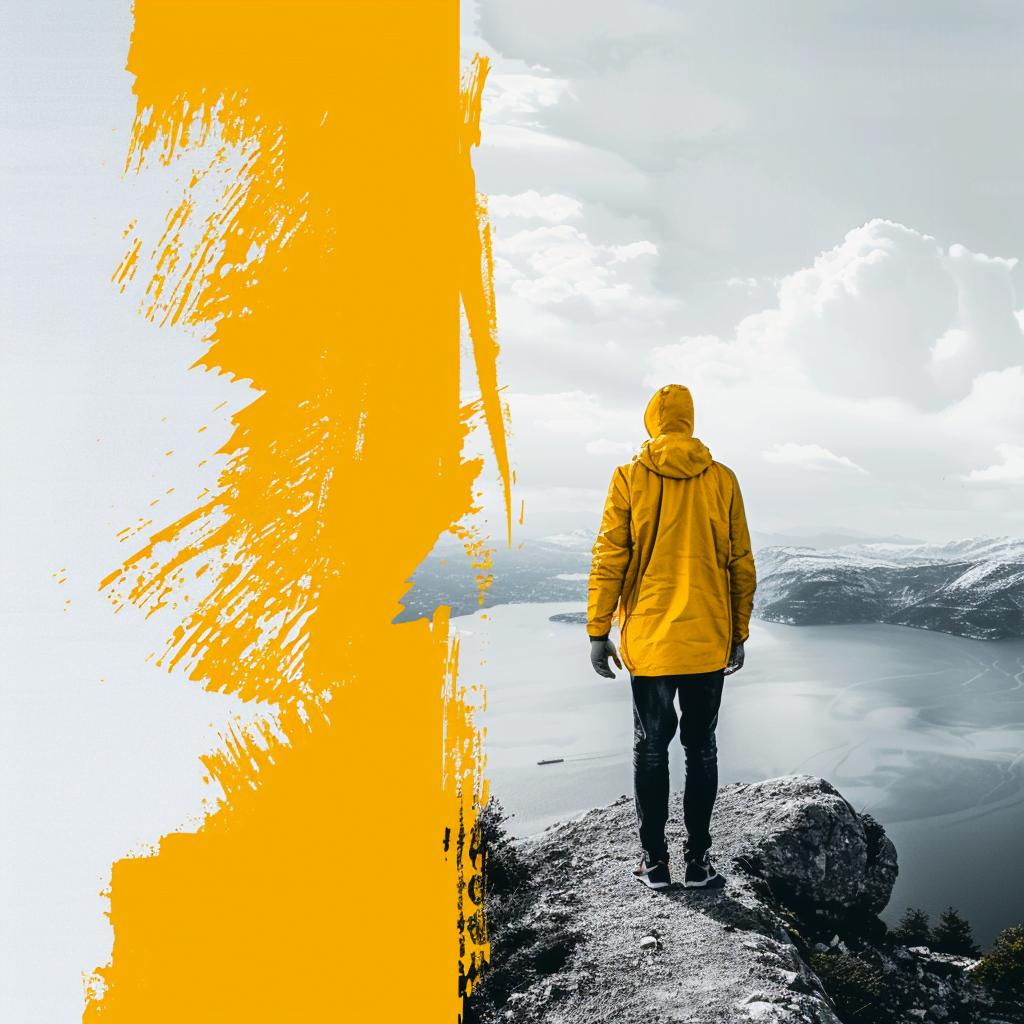 Una imagen minimalista que muestra el proceso de limpieza de imágenes. La mitad izquierda tiene una capa de color amarillo fluorescente con un efecto de borrado que revela una persona en un paisaje natural en la mitad derecha. La persona viste una chaqueta amarilla y se encuentra en una montaña con un lago y montañas en el fondo.