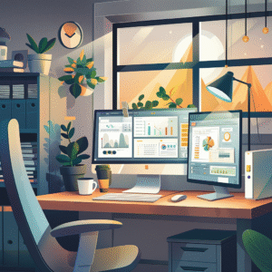 Espacio de trabajo moderno y acogedor que muestra la plataforma digital de Coda integrando documentos, hojas de cálculo y aplicaciones con datos en tiempo real y automatización. Con gráficos, tablas y herramientas de colaboración fáciles de usar, en un ambiente cálido de oficina en casa