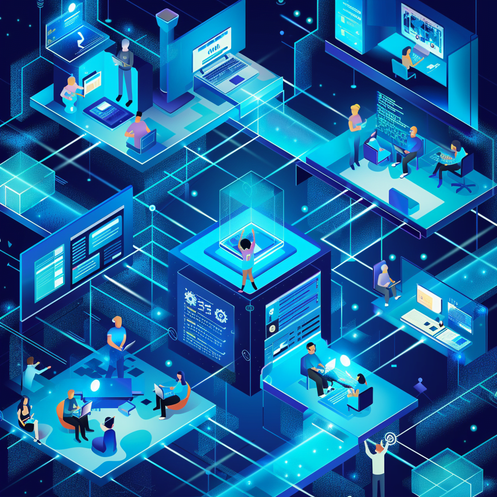 Ilustración digital vibrante que muestra un espacio de trabajo colaborativo en línea. Se observan diversos miembros del equipo trabajando en diferentes dispositivos, conectados a través de líneas holográficas azules que simbolizan datos y comunicación. El fondo presenta una interfaz moderna con tonos azules predominantes, incluyendo pizarras virtuales, documentos compartidos y ventanas de videollamadas, todo iluminado en tonos de azul. La escena evoca unidad, innovación y productividad en un entorno digital