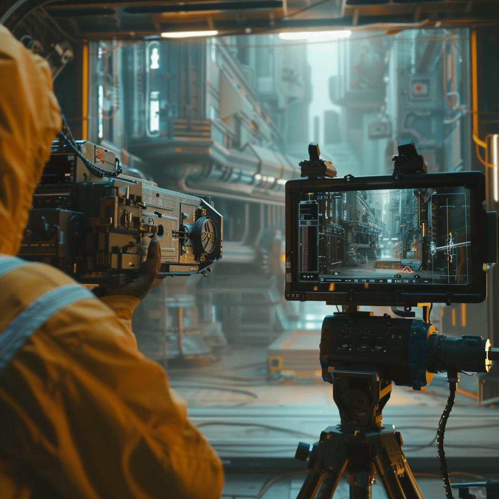 Cineasta usando una cámara avanzada para capturar una escena futurista en un set de filmación de alta tecnología, con un monitor mostrando una calle de una ciudad futurista