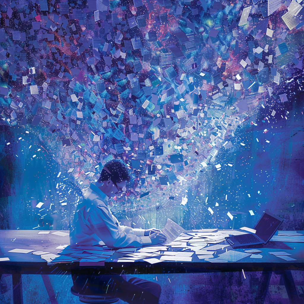 Ilustración puntillista que muestra a una persona resumiento un documento en un escritorio, con fragmentos de papel y texto flotando a su alrededor en tonos azules y púrpuras