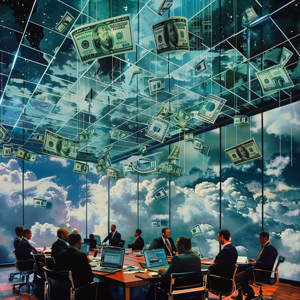 Directivos de Goldman Sachs en una reunión corporativa, rodeados de pantallas y gráficos de IA, con billetes de dólar flotando en el aire, simbolizando la integración de inteligencia artificial generativa en la empresa