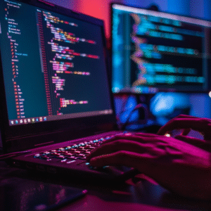 Persona programando en una computadora portátil con un entorno de codificación en pantalla, con iluminación de fondo en tonos azul y rojo