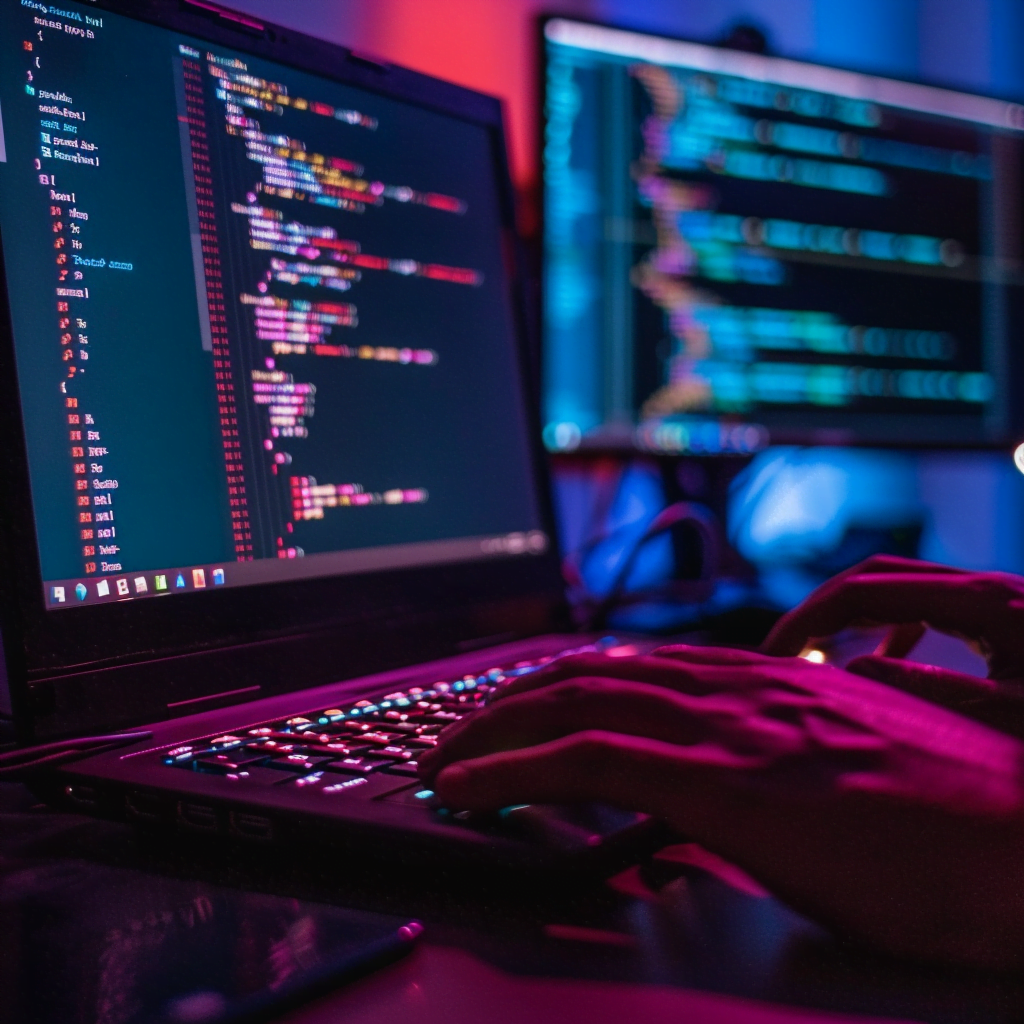 Persona programando en una computadora portátil con un entorno de codificación en pantalla, con iluminación de fondo en tonos azul y rojo