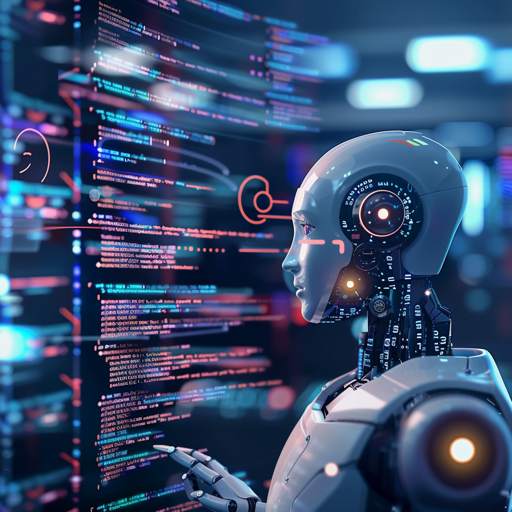 ByteDance lanza MarsCode: el IDE en la nube con asistente de IA para desarrolladores 1 Un robot de inteligencia artificial analizando líneas de código en un entorno de desarrollo tecnológico avanzado, representando las capacidades de generación de código