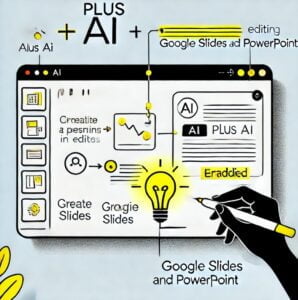 Una ilustración minimalista para crear y editar presentaciones en Google Slides y PowerPoint. La imagen tiene un fondo blanco con líneas negras simples de una diapositiva siendo editada. Los trazos fluorescentes amarillos destacan el proceso de agregar y reorganizar texto, simbolizando el uso de la IA para mejorar las presentaciones.