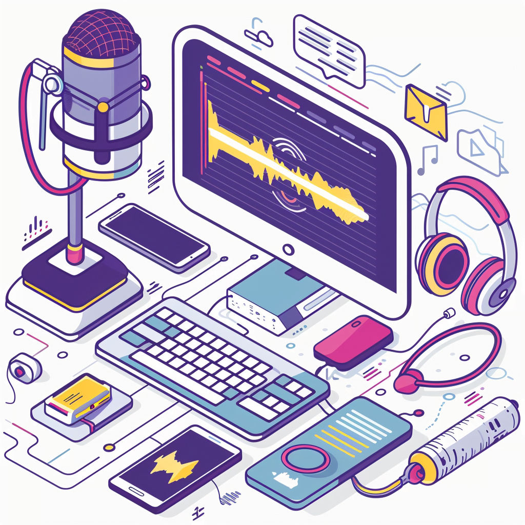 Espacio de trabajo moderno mostrando una plataforma que convierte podcasts en texto. Incluye micrófono, auriculares, pantalla con formas de onda de audio y documentos de texto, destacando la creación y automatización de contenido