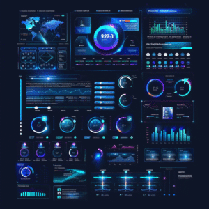 Una interfaz moderna y profesional con tonos azul cian, destacando las características de automatización impulsadas por IA y la integración humana en los flujos de trabajo. La interfaz incluye elementos visuales como gráficos de rendimiento, iconos de aplicaciones integradas, y elementos de flujo de trabajo