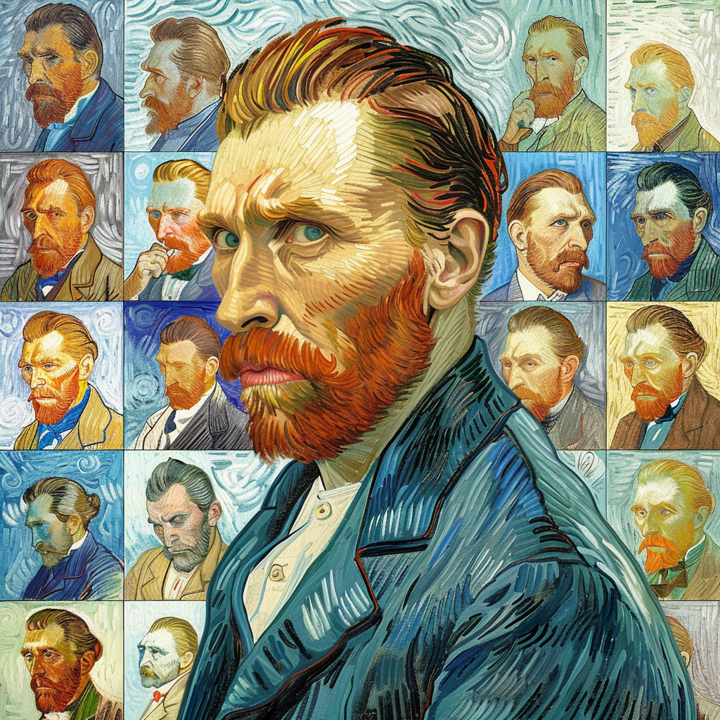 persona transformada en varios estilos artísticos: dibujo a lápiz detallado, diseño plano, animación estilo Pixar, arte pixelado, caricatura y una pintura al estilo de Van Gogh. El entorno está rodeado de herramientas de diseño, iluminado naturalmente, resaltando el proceso creativo
