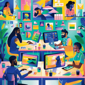 Equipo colaborando en un espacio de trabajo digital con herramientas de mensajería, videollamadas e integración de aplicaciones, estilo figurativo y colores vibrantes