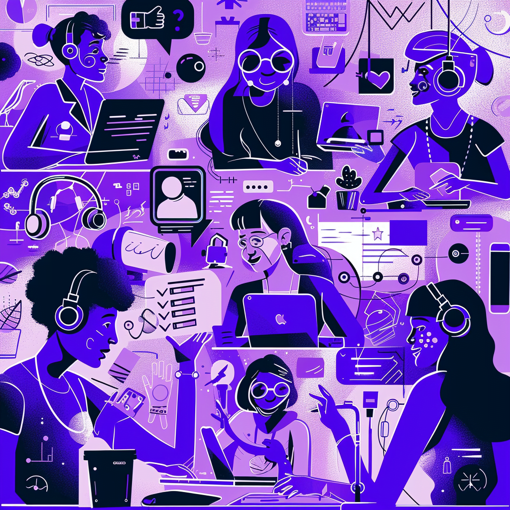 Ilustración pop art vibrante en tonos violetas que muestra un espacio de trabajo colaborativo en línea con diversas personas utilizando dispositivos digitales y conectadas a través de elementos de comunicación