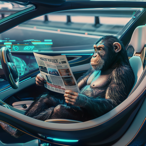 Chimpancé leyendo un periódico dentro de un coche autónomo futurista en una carretera