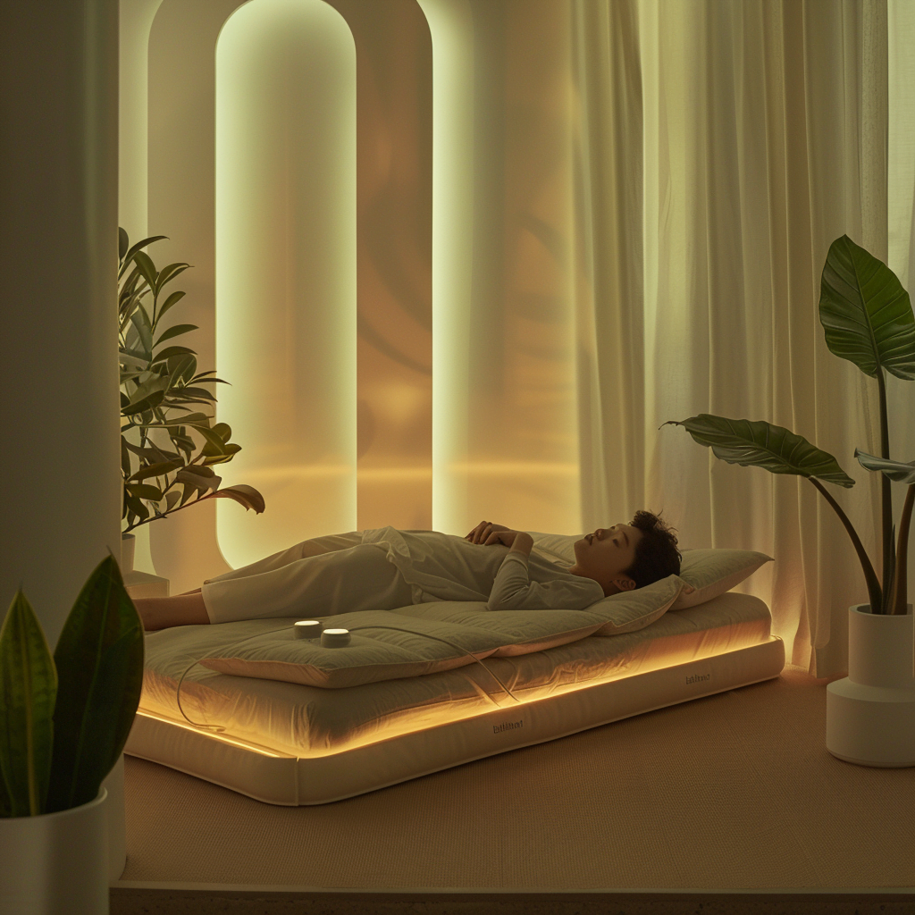 Persona durmiendo con el dispositivo Elemind en un dormitorio moderno y tranquilo