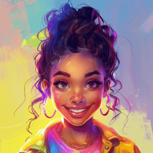 Un retrato de estilo "toonyou" de una joven adulta alegre con colores vibrantes y características exageradas. La joven tiene ojos grandes y expresivos, una sonrisa amplia y lleva ropa casual y moderna. El fondo es un degradado colorido que complementa su atuendo, con sutiles resaltados y sombras que añaden profundidad y dimensión al personaje