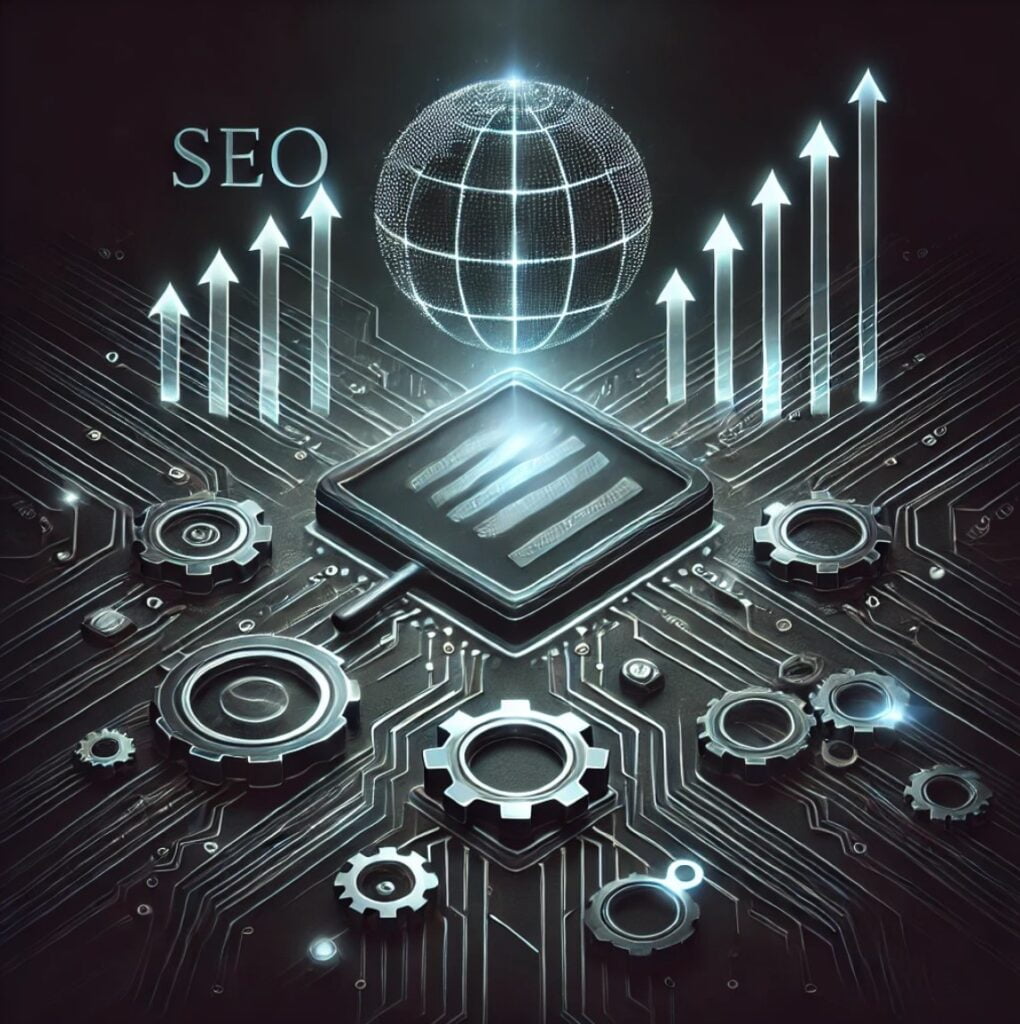 Imagen oscura que representa la optimización SEO con engranajes, SERP y globo digital, destacando el proceso de mejora del posicionamiento web