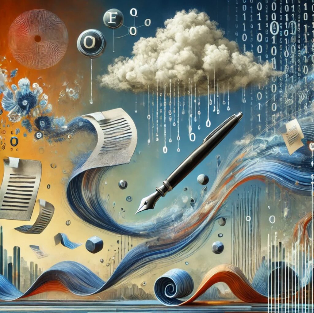 Imagen surrealista contemporánea de gestión de documentos digitales con firmas electrónicas flotantes