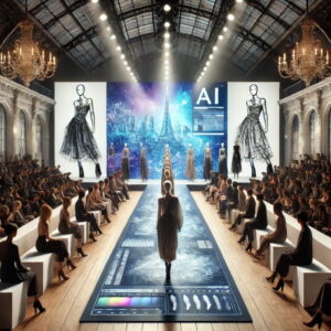 Pasarela de moda en París mostrando diseños creados con IA y renders 3D, fusionando tecnología y alta costura en un entorno chic y glamoroso