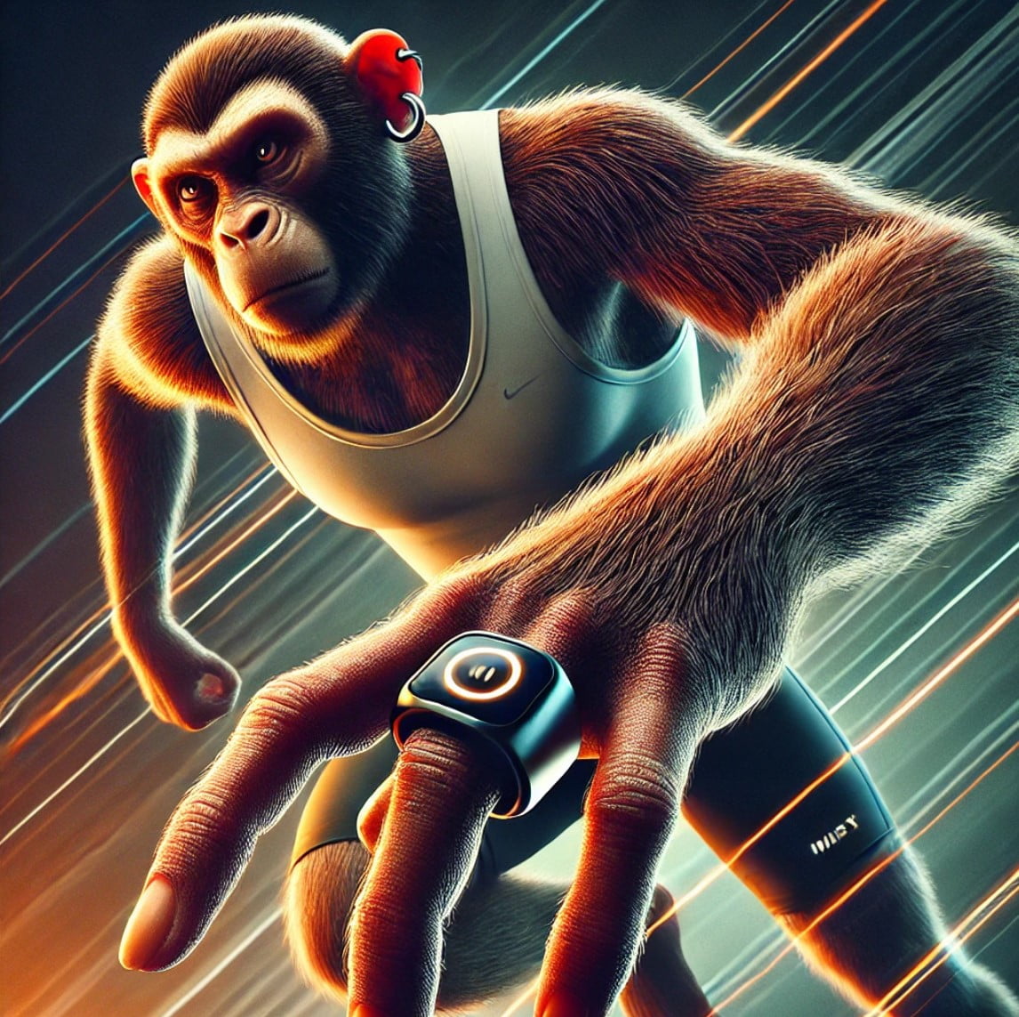 Un mono atlético llevando un anillo inteligente minimalista Galaxy Ring en el dedo índice, destacando la integración de tecnología y estilo de vida activo