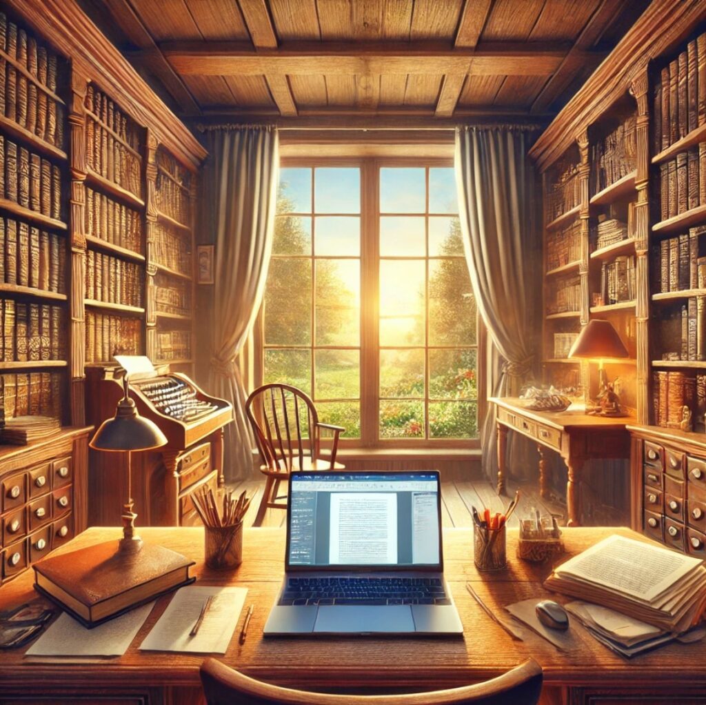 Estudio acogedor con escritorio de madera, laptop y libros, ideal para escritura y colaboración